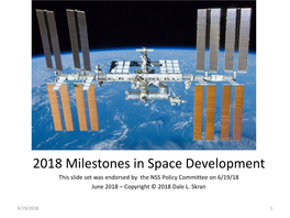 2018 Milestones in Space Development This Slide Set Was Endorsed by the NSS Policy Committee on 6/19/18 June 2018 – Copyright © 2018 Dale L