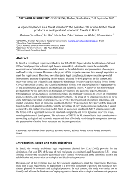 XIV WORLD FORESTRY CONGRESS, Durban, South Africa, 7-11 September 2015 Mariana Carvalhaes , Liz Ota , Maria Jose Zakia Helena Va