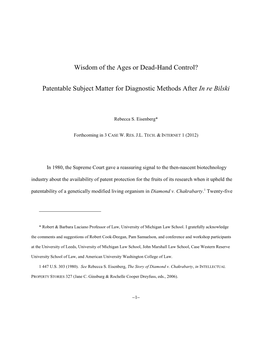 Patentable Subject Matter for Diagnostic Methods After in Re Bilski