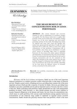 The Measurement of Concentration Risk in Loan Portfolios, Economics & Sociology, Vol