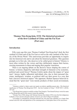 Thomas Tien Keng-Hsin, SVD: the Historical Greatness1 of the ﬁ Rst Cardinal of China and the Far East (Part One)