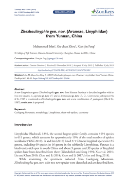 Zhezhoulinyphia Gen. Nov. (Araneae, Linyphiidae) from Yunnan, China