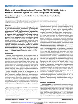 Malignant Pleural Mesothelioma–Targeted CREBBP/EP300 Inhibitory Protein 1 Promoter System for Gene Therapy and Virotherapy