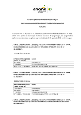 CLASSIFICAÇÃO DOS CANAIS DE PROGRAMAÇÃO DAS PROGRAMADORAS REGULARMENTE CREDENCIADAS NA ANCINE 31/08/2012 Em Cumprimento Ao