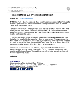 Duke WRES Tomasello Makes US Wrestling National Team