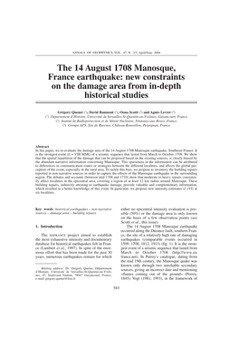 The 14 August 1708 Manosque, France Earthquake: New Constraints on the Damage Area from In-Depth Historical Studies