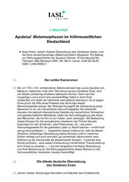 Apuleius' Metamorphosen Im Frühneuzeitlichen Deutschland