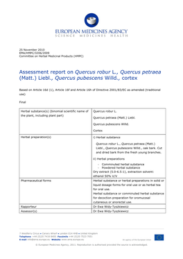 Assessment Report on Quercus Robur L., Quercus Petraea (Matt.) Liebl., Quercus Pubescens Willd., Cortex