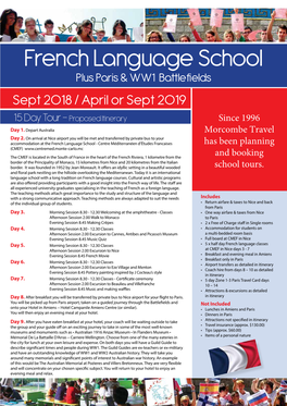 French Language School Plus Paris & WW1 Battlefields Sept 2018 / April Or Sept 2019 15 Day Tour - Proposed Itinerary Since 1996 Day 1