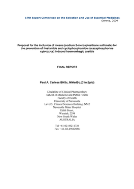Proposal for the Inclusion of Mesna (Sodium 2-Mercaptoethane Sulfonate)