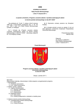 Programu Usuwania Azbestu I Wyrobów Zawieraj Ących Azbest Na Terenie Powiatu Bartoszyckiego Na Lata 2011-2032”