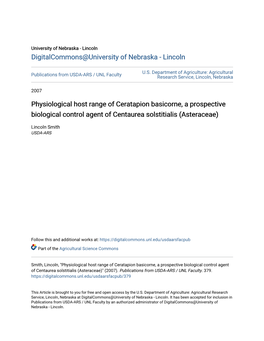 Physiological Host Range of Ceratapion Basicorne, a Prospective Biological Control Agent of Centaurea Solstitialis (Asteraceae)