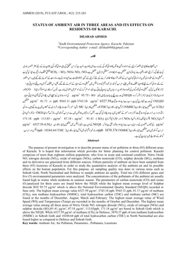 Status of Ambient Air in Three Areas and Its Effects on Residents of Karachi