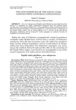 TWO NEW SUBSPECIES of the Papillo INDRA COMPLEX from CALIFORNIA (PAPILIONIDAE)