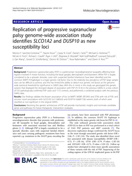 Replication of Progressive Supranuclear Palsy Genome-Wide Association Study Identifies SLCO1A2 and DUSP10 As New Susceptibility Loci Monica Y