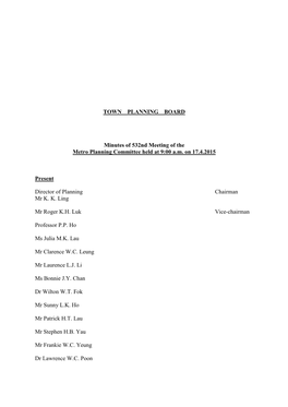 TOWN PLANNING BOARD Minutes of 532Nd Meeting of the Metro Planning Committee Held at 9:00 A.M. on 17.4.2015 Present Director O