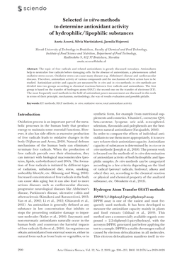 Selected in Vitro Methods to Determine Antioxidant Activity of Hydrophilic/Lipophilic Substances