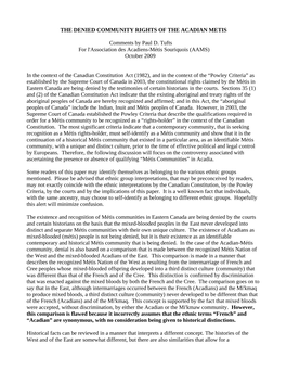 THE DENIED COMMUNITY RIGHTS of the ACADIAN METIS Comments by Paul D. Tufts for L'association Des Acadiens-Métis Souriquois (AAM