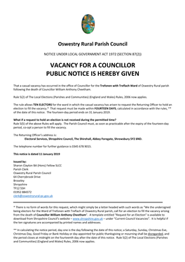 Vacancy for a Councillor Public Notice Is Hereby Given