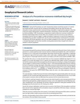 Analysis of a Precambrian Resonance-Stabilized Day Length 10.1002/2016GL068912 Benjamin C