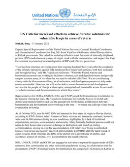 UN Calls for Increased Efforts to Achieve Durable Solutions for Vulnerable Iraqis in Areas of Return Kirkuk, Iraq – 11 January 2021