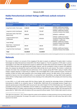 Haldia Petrochemicals Limited: Ratings Reaffirmed; Outlook Revised to Positive