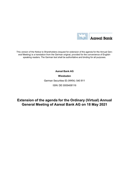 Extension of the Agenda for the Ordinary (Virtual) Annual General Meeting of Aareal Bank AG on 18 May 2021