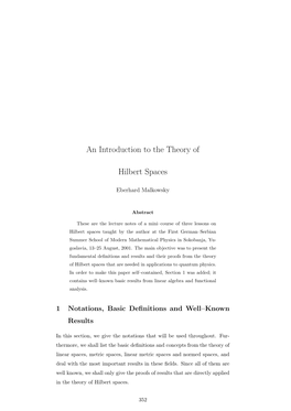 An Introduction to the Theory of Hilbert Spaces