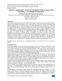 DENTAL AEROSOLS” – ROLE of ITS REDUCTION in INFECTION CONTROL – an IMPORTANT REVIEW *Biradar M