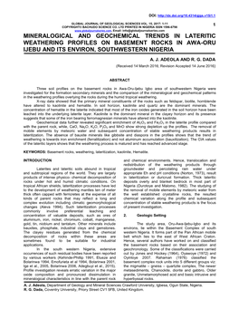 Mineralogical and Geochemical Trends in Lateritic Weathering Profiles on Basement Rocks in Awa-Oru Ijebu and Its Environ, Southwestern Nigeria