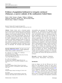 Evidence of Population Bottleneck in Astragalus Michauxii (Fabaceae), a Narrow Endemic of the Southeastern United States