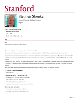 Stephen Shenker Richard Herschel Weiland Professor Physics