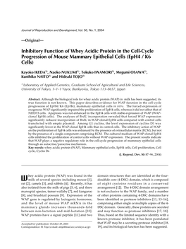 Inhibitory Function of Whey Acidic Protein in the Cell-Cycle Progression of Mouse Mammary Epithelial Cells (Eph4 / K6 Cells)
