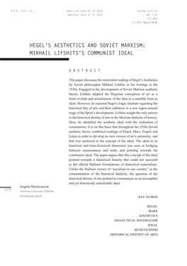 Hegel's Aesthetics and Soviet Marxism: Mikhail Lifshits's