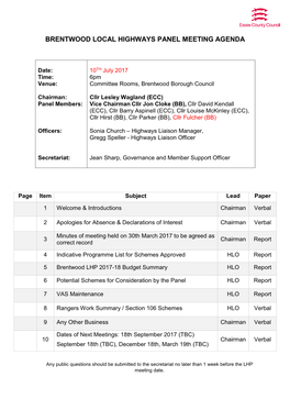 Brentwood Local Highways Panel Meeting Agenda