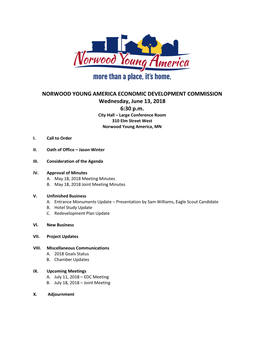 NORWOOD YOUNG AMERICA ECONOMIC DEVELOPMENT COMMISSION Wednesday, June 13, 2018 6:30 P.M