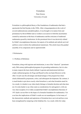 Formalism Peter Simons University of Leeds