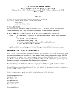 LYNWOOD UNIFIED SCHOOL DISTRICT REGULAR MEETING of the BOARD of EDUCATION Education Center 11321 Bullis Road, Board Room B-105