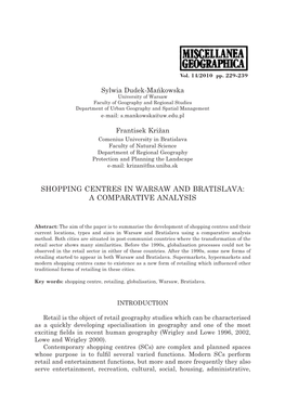 Shopping Centres in Warsaw and Bratislava: a Comparative Analysis