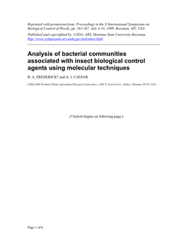 Analysis of Bacterial Communities Associated with Insect Biological Control Agents Using Molecular Techniques