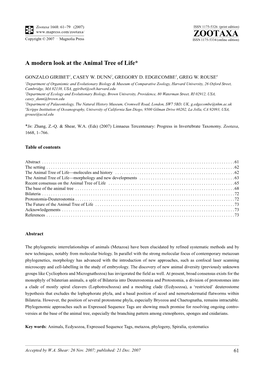 Zootaxa,A Modern Look at the Animal Tree of Life