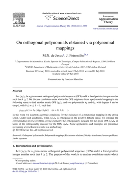 On Orthogonal Polynomials Obtained Via Polynomial Mappings M.N