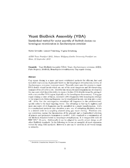 Yeast Biobrick Assembly (YBA) Standardized Method for Vector Assembly of Biobrick Devices Via Homologous Recombination in Saccharomyces Cerevisiae