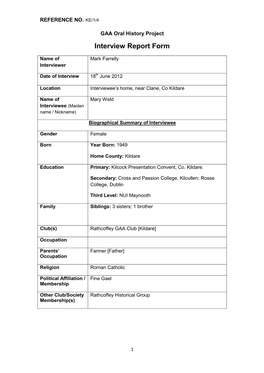 GAA Oral History Project Interview Report Form