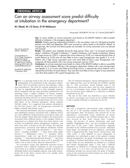 Can an Airway Assessment Score Predict Difficulty at Intubation in the Emergency Department? M J Reed, M J G Dunn, D W Mckeown