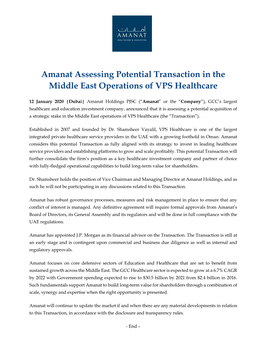 Amanat Assessing Potential Transaction in the Middle East Operations of VPS Healthcare