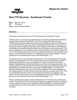 New TTC Services – Southwest Toronto (For Action)