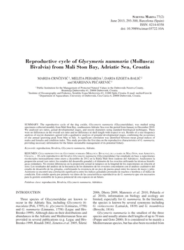 Reproductive Cycle of Glycymeris Nummaria (Mollusca: Bivalvia) from Mali Ston Bay, Adriatic Sea, Croatia