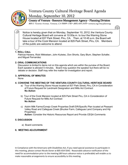 Ventura County Cultural Heritage Board Agenda Monday, September 10, 2012
