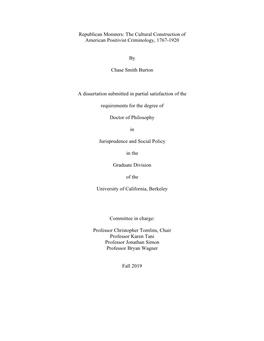 Republican Monsters: the Cultural Construction of American Positivist Criminology, 1767-1920